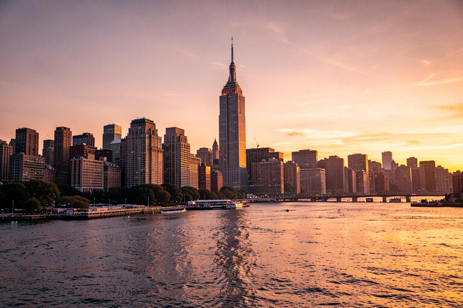Manhattan skyline at sunset with the Empire State Building above the East River